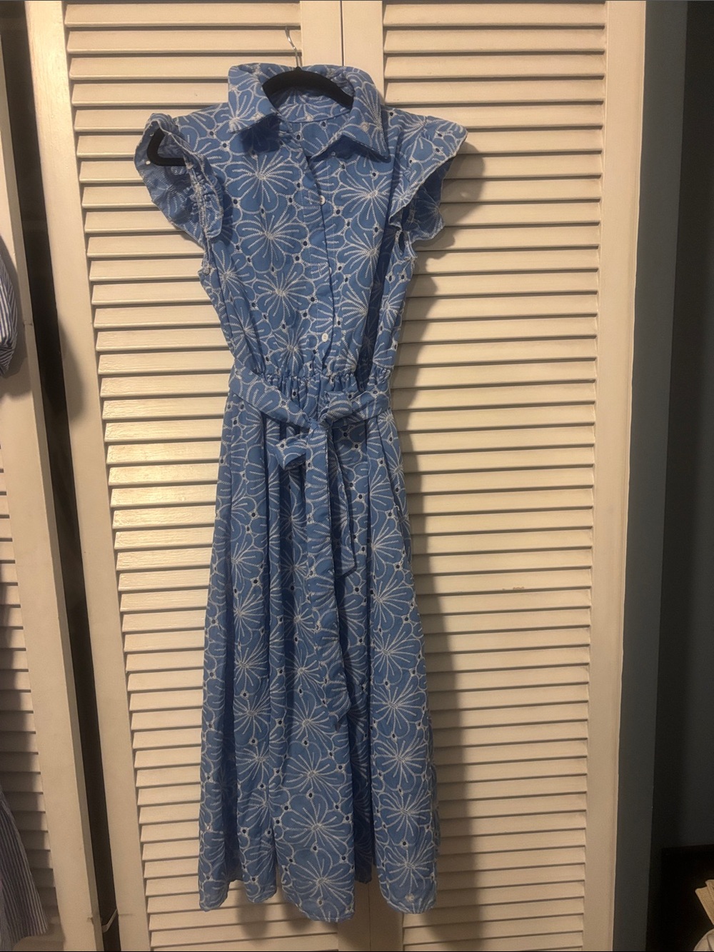 Blue Floral Collared Midi Dress with Tie Waist
